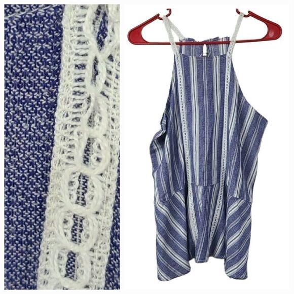 Hollister Juniors Small Soft Blue Stripe Sleeveless Crochet Top Ruffle Racerback - Picture 1 of 10